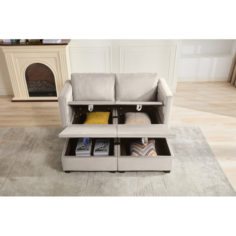 Calkins Modular Sofa Lounge Loveseat With Double Storage Ottoman, Light Gray
