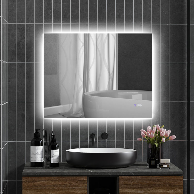 Miroir de salle de bain 35 po x 28 po à DEL, brouillard, luminosité réglable, température de couleur réglable, mémoire, fixation murale, horizontal / vertical, Cri90 +, -résistant, imperméable, miroir en aluminium avec DEL, fonction de brouillard,