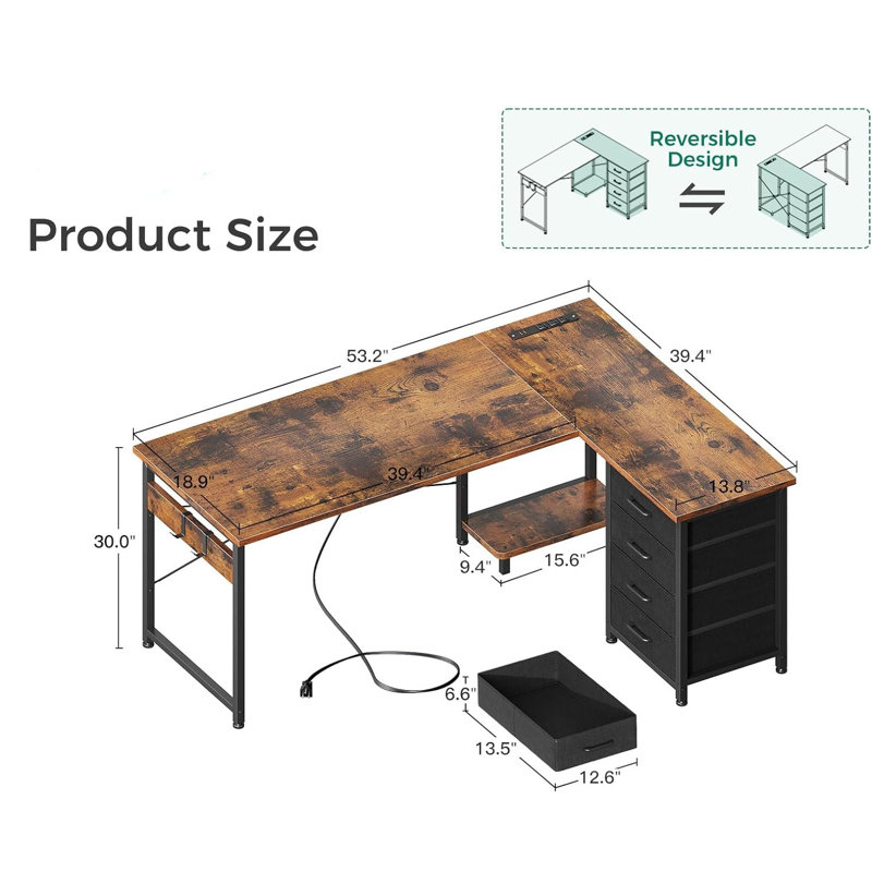 Bureau en L avec tiroirs-classeurs, Rétro, H 30 po x l 53,2 po x P 39,4 po