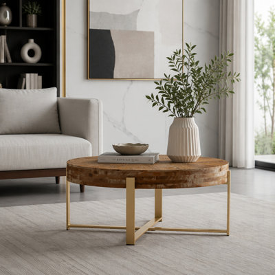 Modern Retro Splicing Round Coffee Table, Fir Wood Top with Gold Cross Legs for Elegant Living Spaces