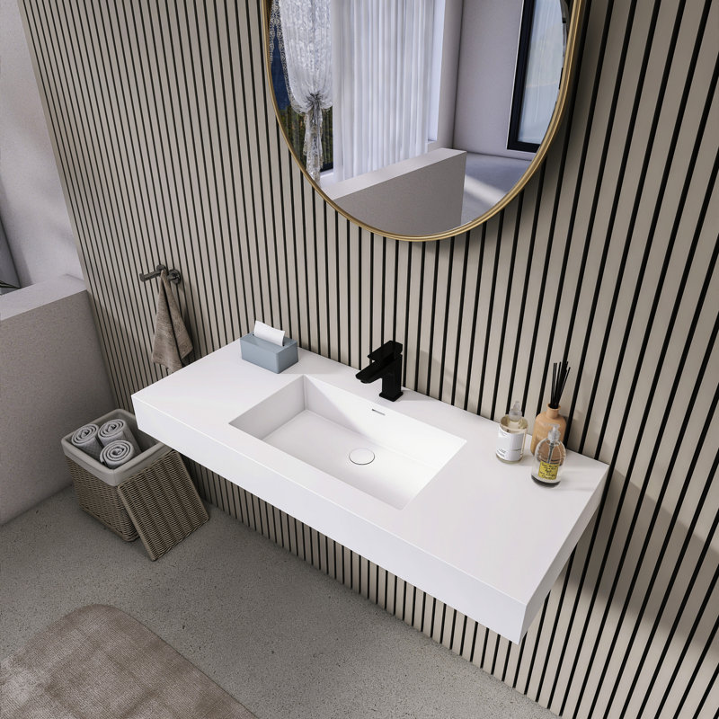 Lavabo vasque rectangulaire pour salle de bain, 48,32 pouces, surface solide, blanc mat, lisse et facile à installer
