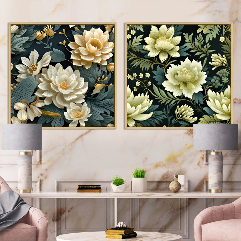 Caledon - Ensemble de 2 collages carrés floraux, Cadre flottant brun, H 16 po x l 33 po