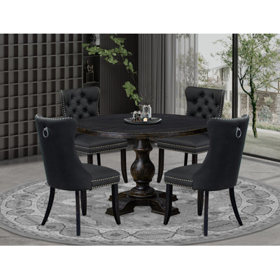 Ensemble de salle à manger moderne 5 pièces avec similicuir 4 chaises rembourrées gris foncé, dossier capitonné et table ronde de 48 po au fini noir sablé.