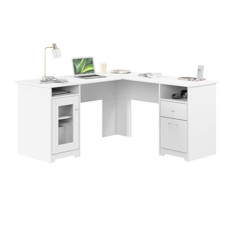Bureau d'ordinateur en L 60 W avec rangement en blanc, Blanc