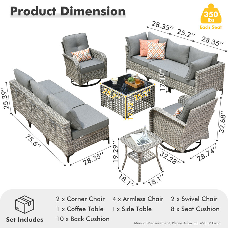 Rattan Outdoor Sofa 11-piece Set With Fire Pit, No, Dark Gray