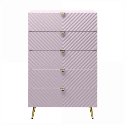 Commode, commode rose moderne à 5 tiroirs avec motif à vagues | Métal, bois synthétique
