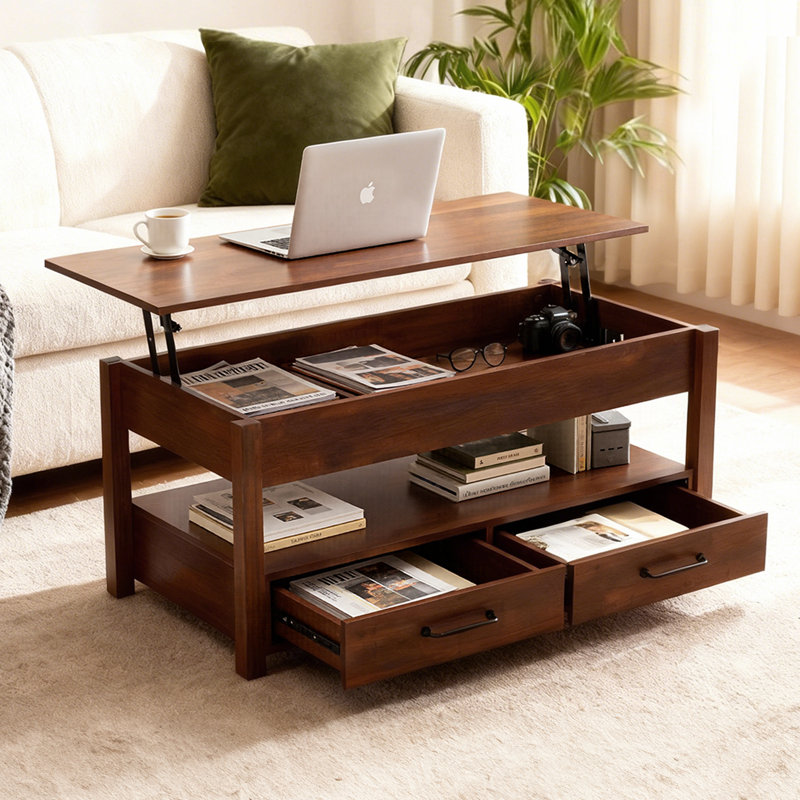 Lift Top Coffee Table with Drawers and Hidden Compartment, Brown
