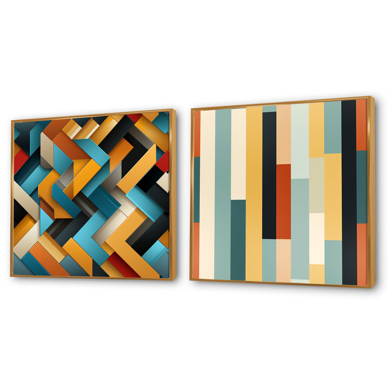 Jase - Abstract Shapes Square Collage Set Of 2, Gold Floater Framed, 16" H x 33" W
