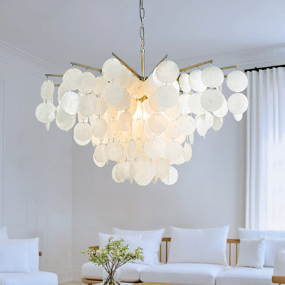 Abdinour 75cm 6-Light Elegant & Natural Coastal Capiz Shell Chandelier in Antique Gold