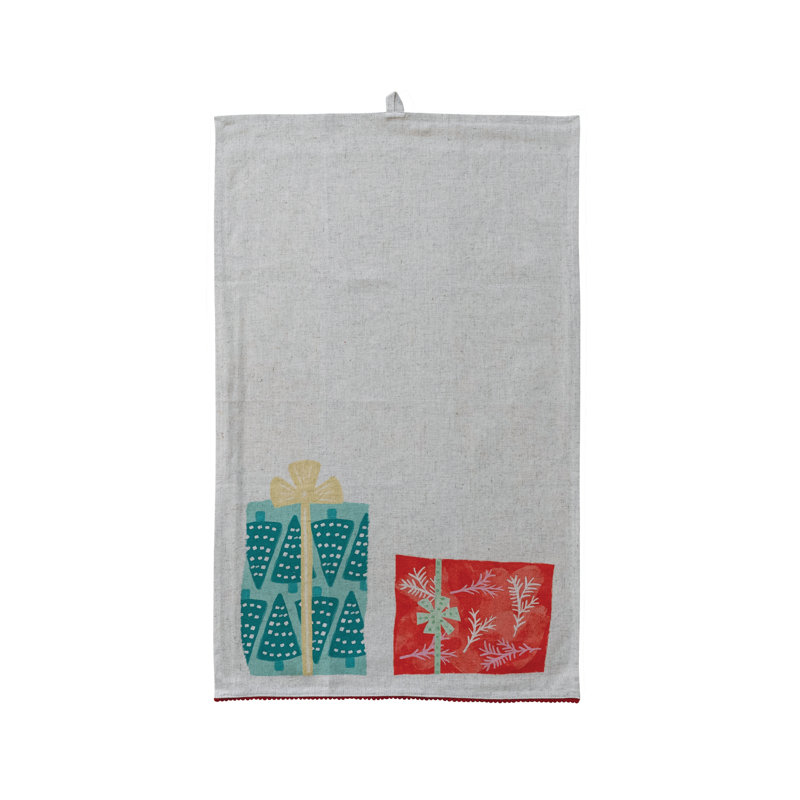 Serviette de thé en coton et lin à imprimé avec des cadeaux et une garniture de pompons rouges (chacun peut varier) 