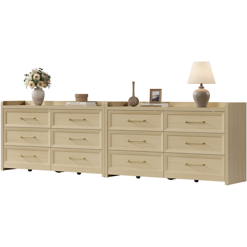 56.4"W Modern 6-Drawer Dresser, Light Oak