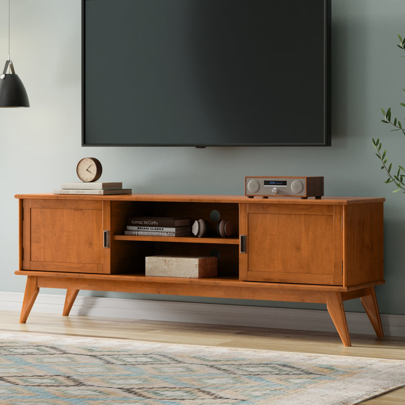 Teak Brown Solid Hardwood Mid Century Modern TV Stand with Cabinets