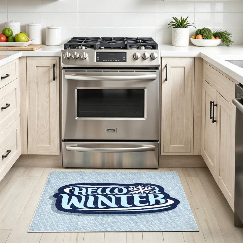 Tapis bleu à motif de logo lavable à la machine pour l'hiver, Rectangle 32 po x 47 po