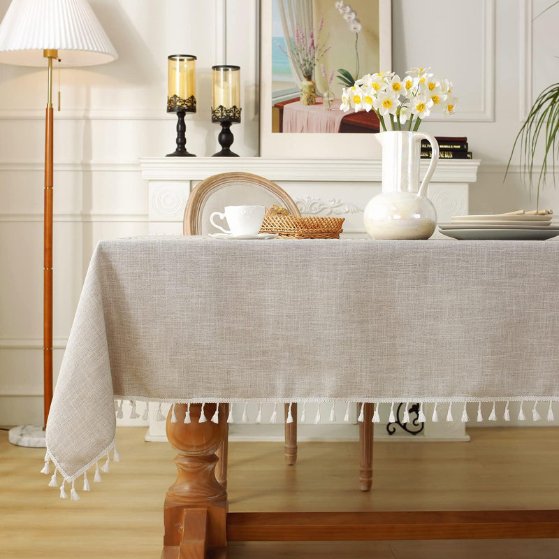 Rustic Cotton Linen Table Cloth,Tablecloths For 6 Foot Rectangle Tables,Waterproof Washable Tablecloth With Tassel Rectangle/Oblong, 55''X 86'', 6-8 Seats,Coffee Lines