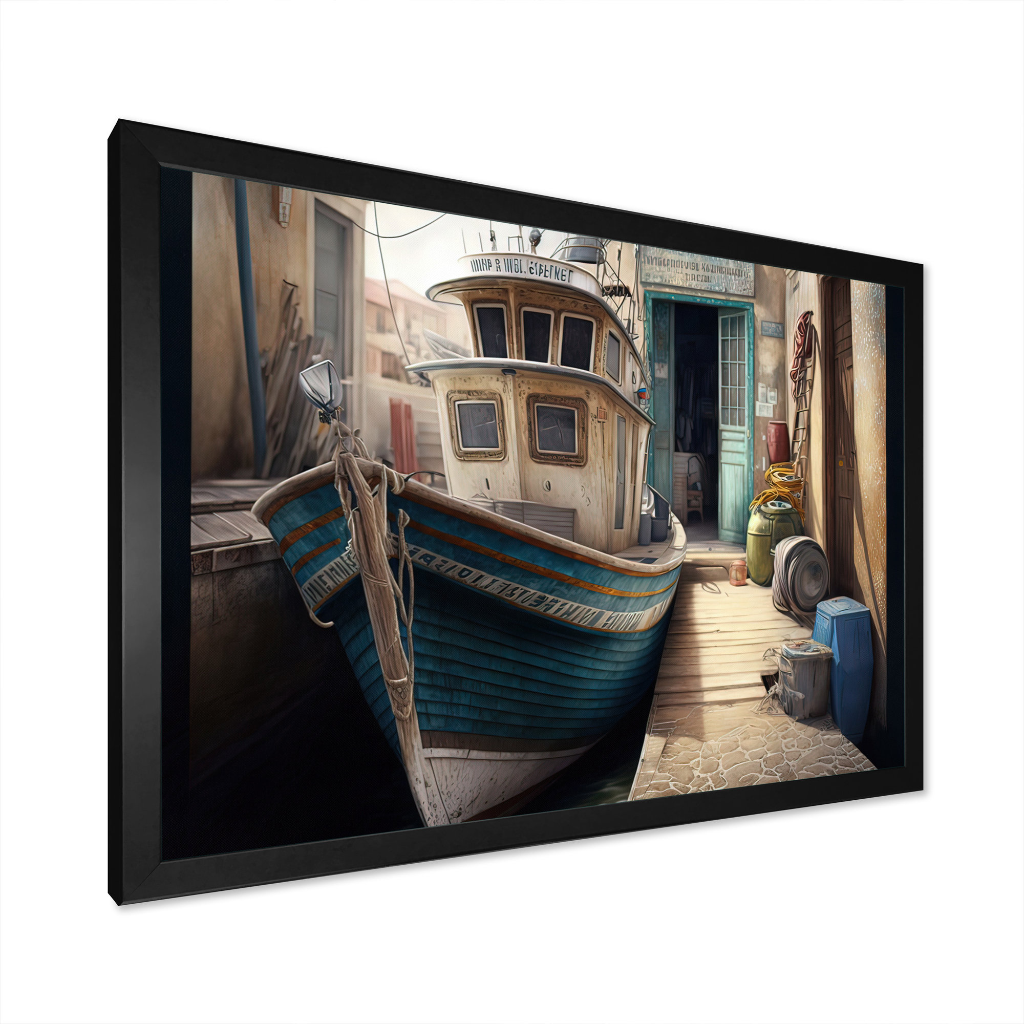 Rustic Port with A Fishing Boat I - Painting On Canvas Breakwater Bay Format: Black Picture Framed Canvas, Size: 16 H x 32 W x 1 D