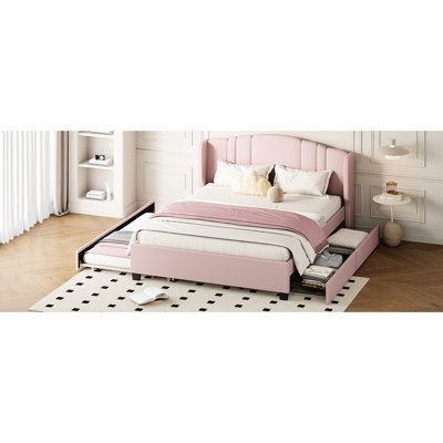 Lit plateforme tapissier rose avec tête de lit à oreilles stable - sans sommier tapissier, 2 tiroirs et lit gigogne simple pour tête de lit sécurisée, ton de ressort requis, ambiance charmante
