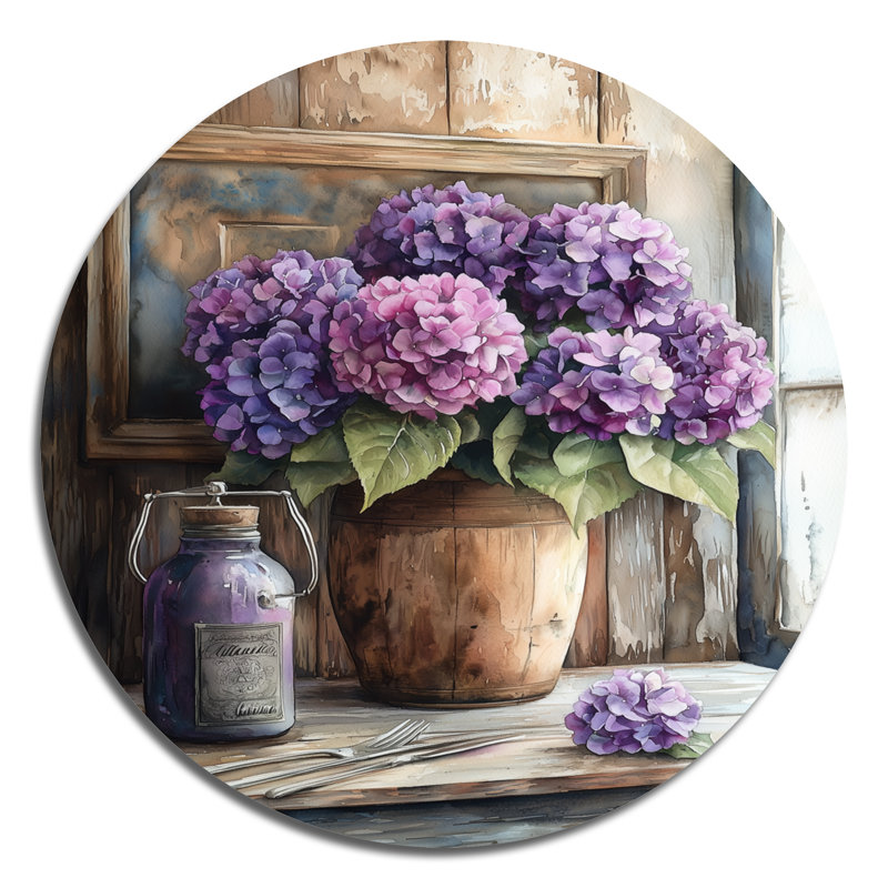 «Hydrangeas Bouquet On The Farm Table I», reproduction d'art traditionnelle mauve en métal, H 23 po x l 23 po