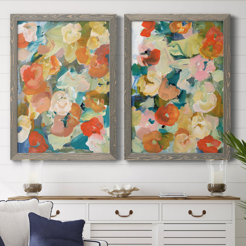 «Country Flowers I», ensemble de 2 peintures sur toile encadrées, H 31,5 po x l 47 po x P 1,5 po, Toile avec cadre gris