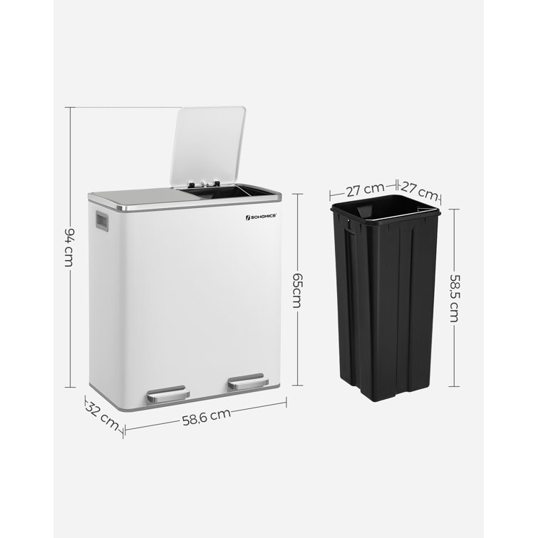 SONGMICS Trash Can, 2 x 8-Gallon Garbage Can for Kitchen, with 15 Trash Bags,  2 Compartments, Plastic Inner Buckets and Hinged Lids, Airtight, Silver and  Black ULTB60NL