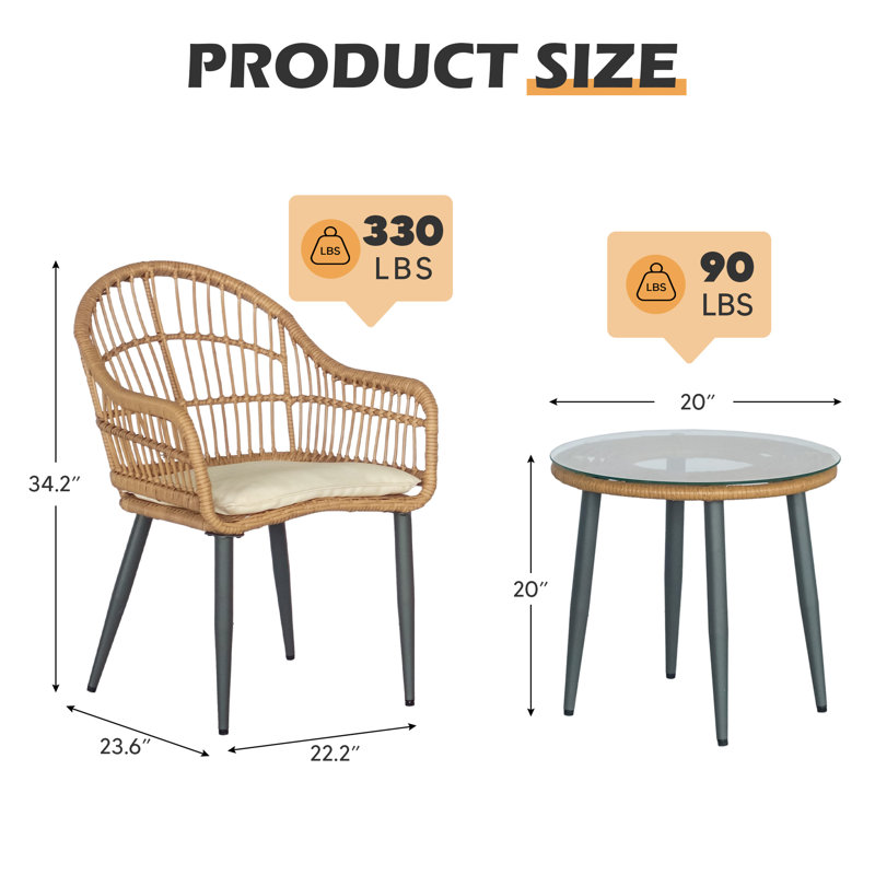 3 Piece Patio Rattan Seating Group with Cushions, Cream