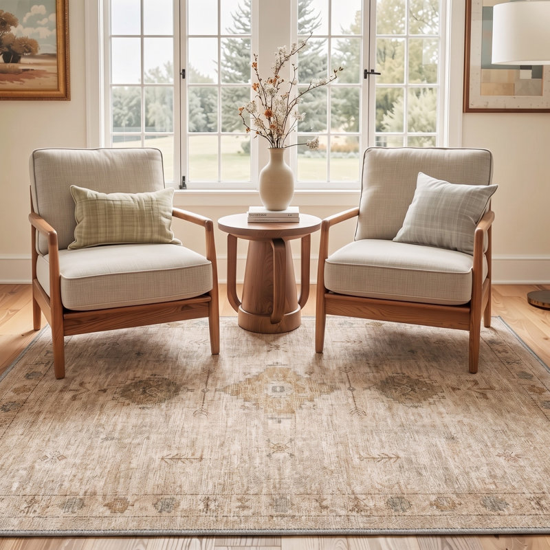 Tapis oriental traditionnel beige/brun à poils courts, lavable et antidérapant, Rectangle de 10 pi x 14 pi