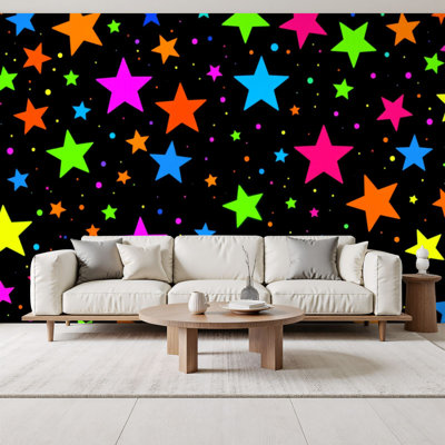 Neon Peel and Stick Wallpaper Bright Neon Stars Black Colorful Geometric Wall Murals 69"H x 96"W Removable PVC Wall Paper Self-Adhesive Wall Decor for Bedroom Living Room Home Office