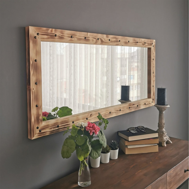 Rustic Walnut Mirror, 43.3 x 19.7 inches | 100% Pine Solid Wood, Wall-Mountable | Adjustable for Horizontal & Vertical Display | Ideal for Entryways, Living Rooms & Bedrooms - Elegant & Durable Design
