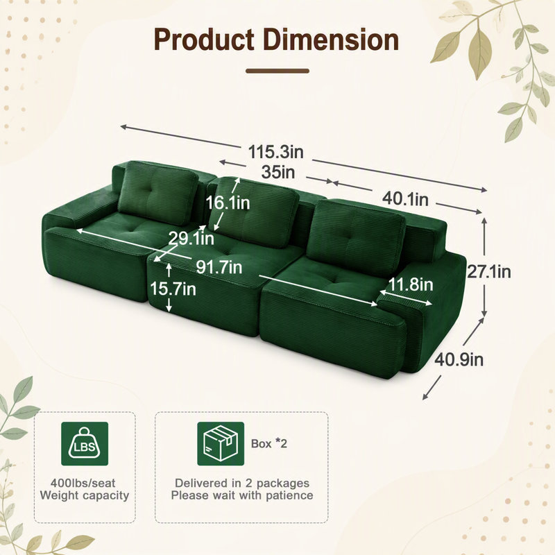 Ensemble de canapé modulaire à assise profonde avec une combinaison deux places + trois places, fabriqué en tissu de velours côtelé, passepoil perlé, conception touffetée, sans assemblage, conception antidérapante, vert