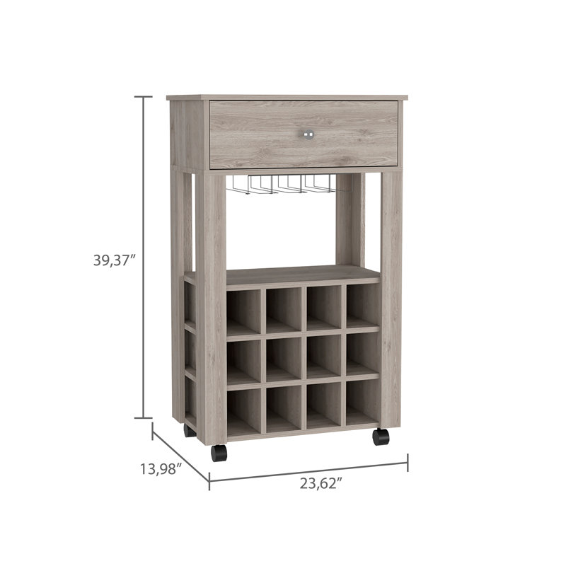 Chariot-bar, douze porte-bouteilles encastrés, quatre pieds, une tablette ouverte, Gris