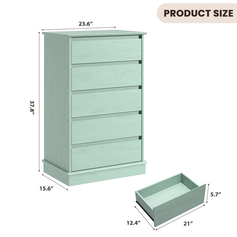 Commode à 5 tiroirs en bois pour chambre à coucher, commode haute avec tiroirs de rangement profonds, plateau large pour placard, salon, vert