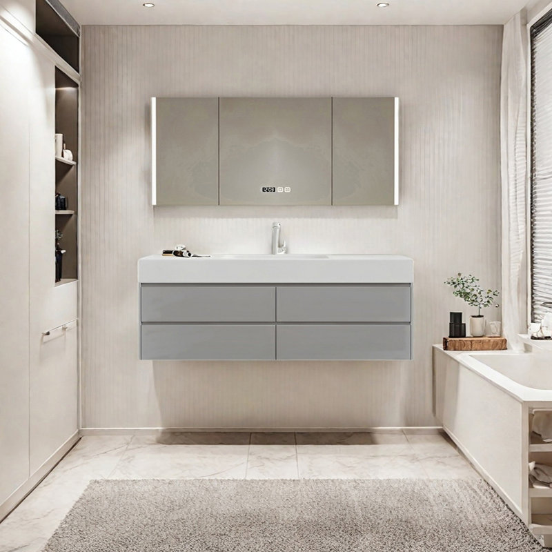 Armoire de salle de bain crème, Gris clair, H 19,68 po x l 59,05 po x P 21,65 po