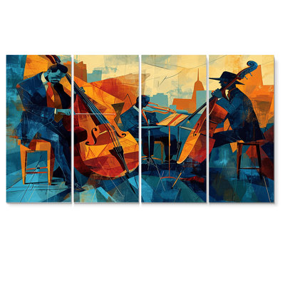 «Jazz Silhouettes Retro Blue and Brown - Musician Wall Art», toile 4 pièces