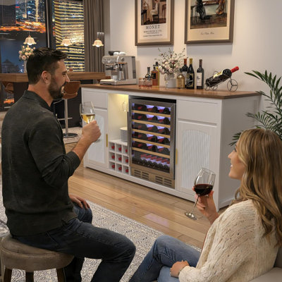 Extra Long Bar Cabinet with Fridge Space, Modern Wine Liquor Cabinet with Storage and Power Outlet, Buffet Sideboard with Fluted Doors for Home, 78.7 Inch, White