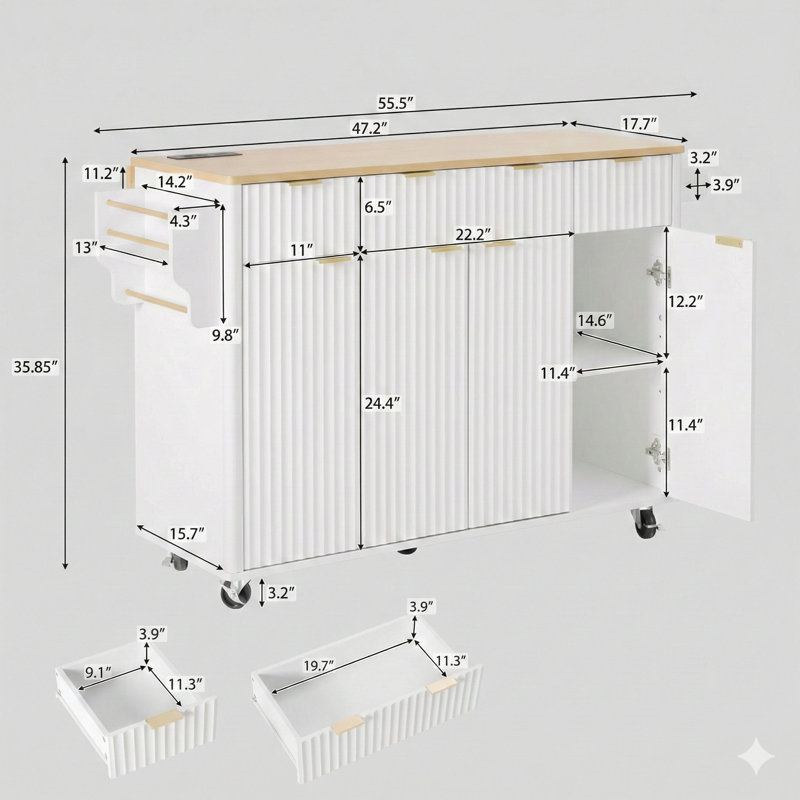 55.5-Inch Fluted Kitchen Island with Storage, Drop-Leaf Surface, Power Outlet, 4 Cabinet Doors and 3 Drawers – Rolling Island Table with Wood-Grain Top and Curved Edge Design for Kitchen and Dining Area, White Finish
