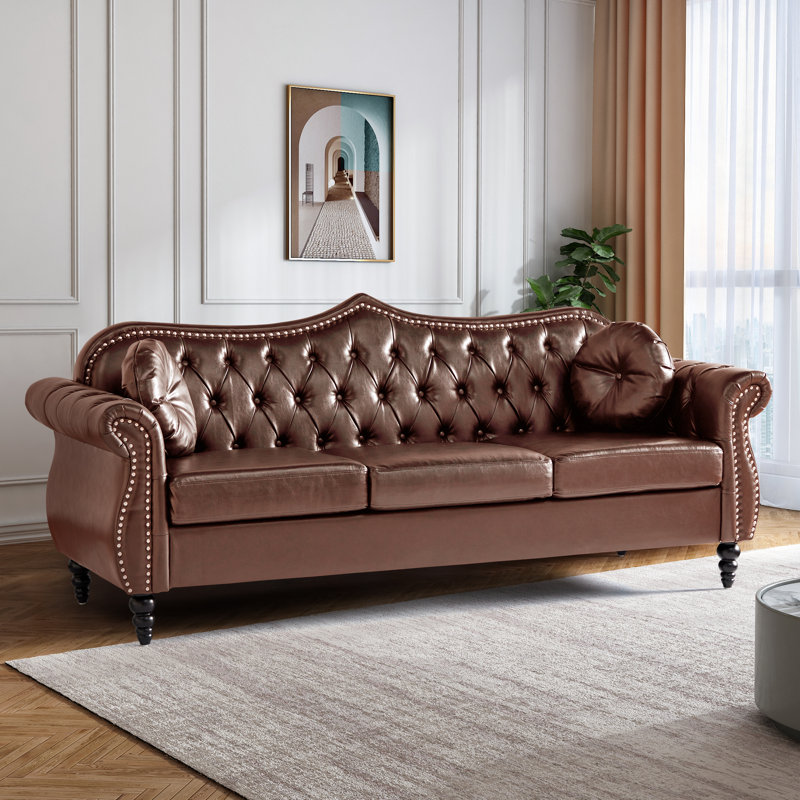 Bilbil 82.67'' Faux Leather Sofa With 2 Toss Pillows, Brown Faux Leather