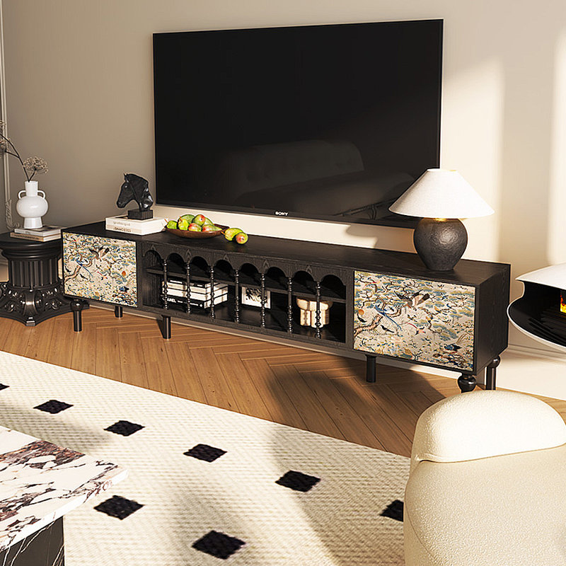 French vintage painted storage tv stand, 21.26"H x 78.74"L x 15.75"W, Black