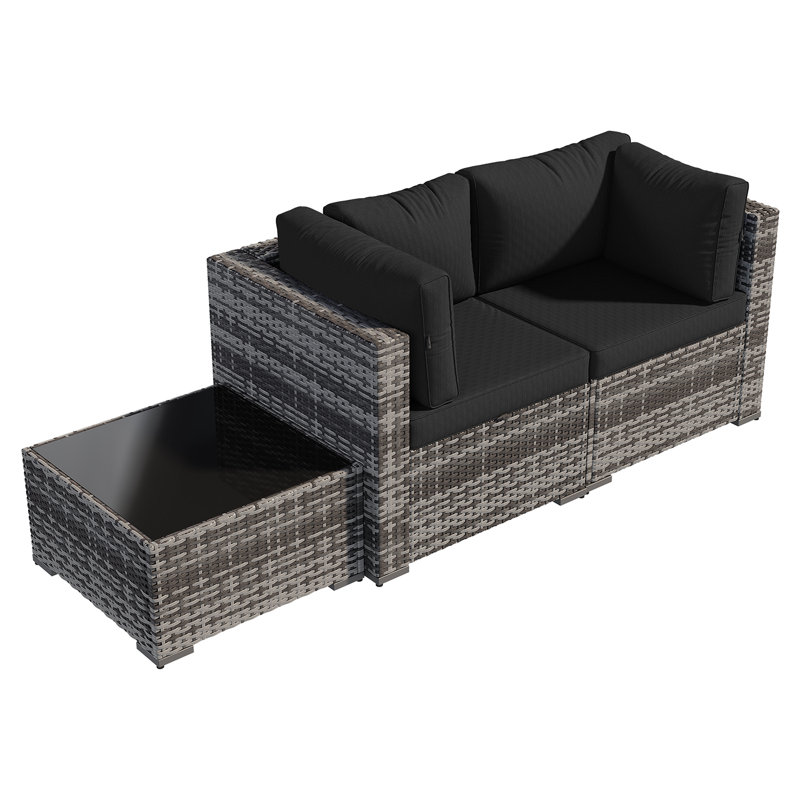 3 -Person Rattan Patio Safo With Cushions, Gray, Black