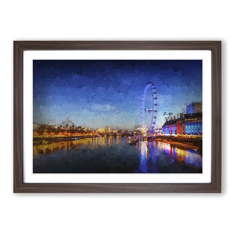 The London Eye & Thames River in Abstract - Picture Frame Painting Print on MDF, 27cm H x 36cm W x 2cm D, Walnut Framed
