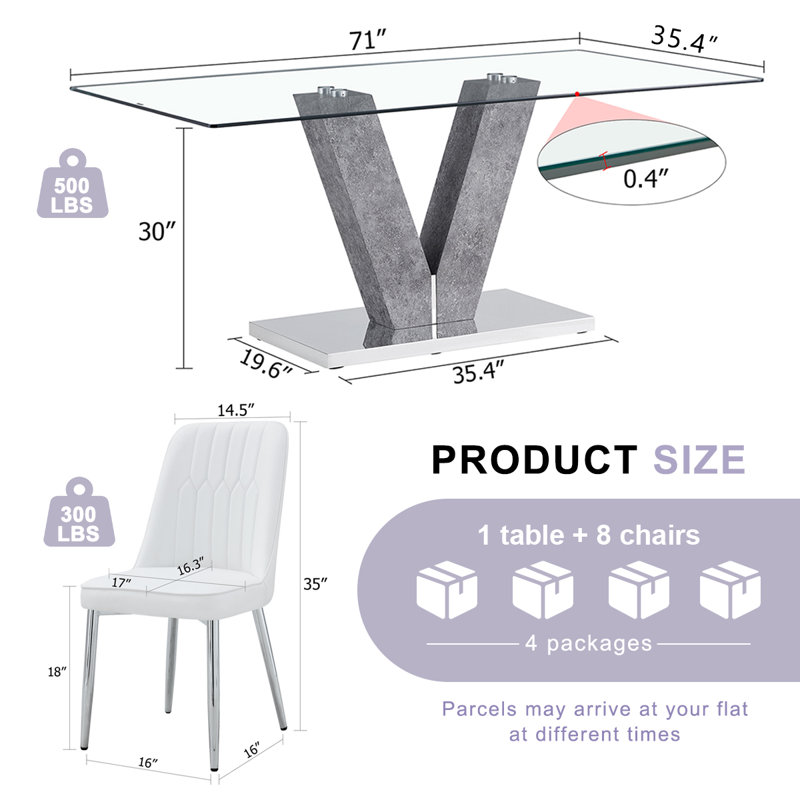 Glass Dining Table Set, 9, White/Silver