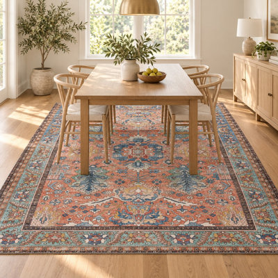 Tapis bleu corail rétro lavable à la machine à motif floral rétro avec envers antidérapant