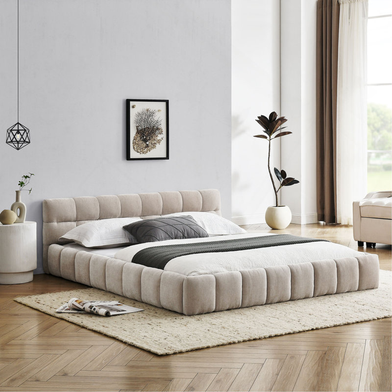 Structure de lit tapissier avec tissu épais, lit plateforme en chenille avec tête de lit et structure solide. Aucun sommier tapissier requis