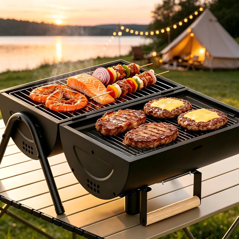 Barbecue au charbon de table à double face avec loquet de sécurité, gril portatif 2 en 1 et fumoir en noir