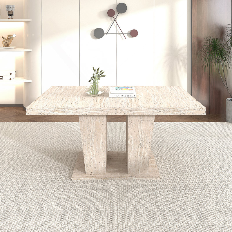 Table de salle à manger rectangulaire extensible, convenant pour 6 à 10 personnes, avec motif de travertin veiné, dimensions 160 à 200 cm, simple et élégante.