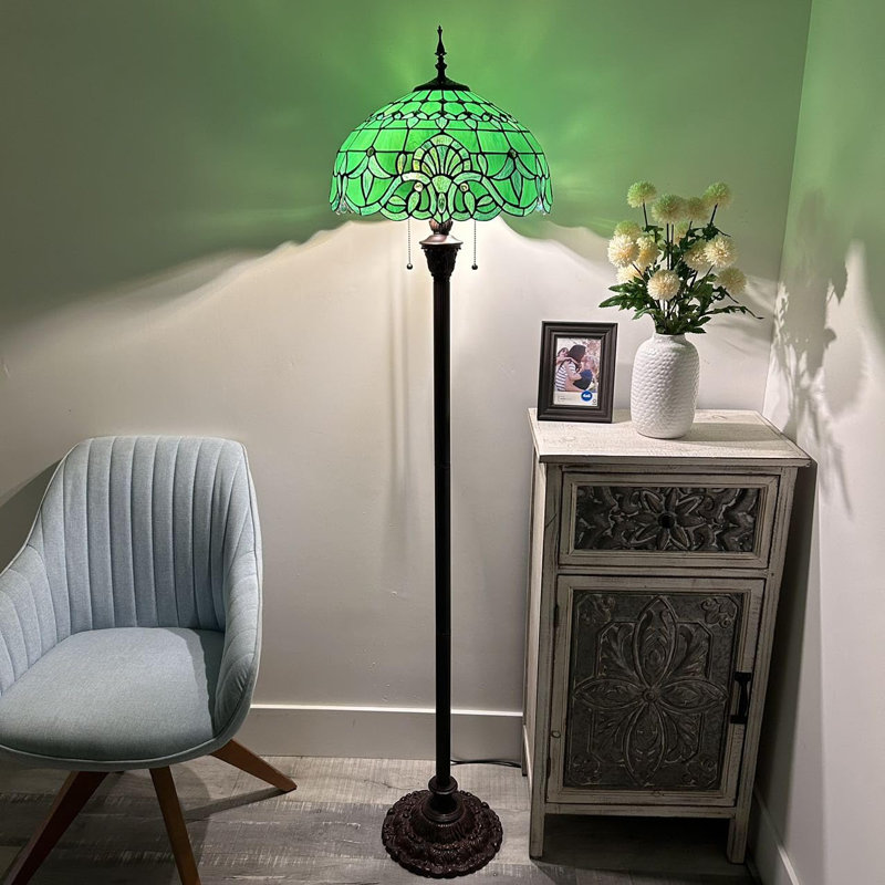 Tiffany Floor Lamp Green Stained Glass Baroque Style Metal Base