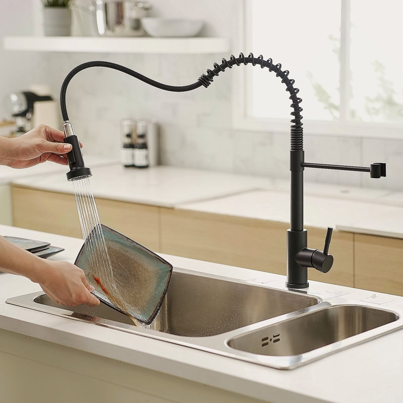 Robinet de cuisine commercial noir avec douchette extractible, robinet d'évier de cuisine à poignée simple