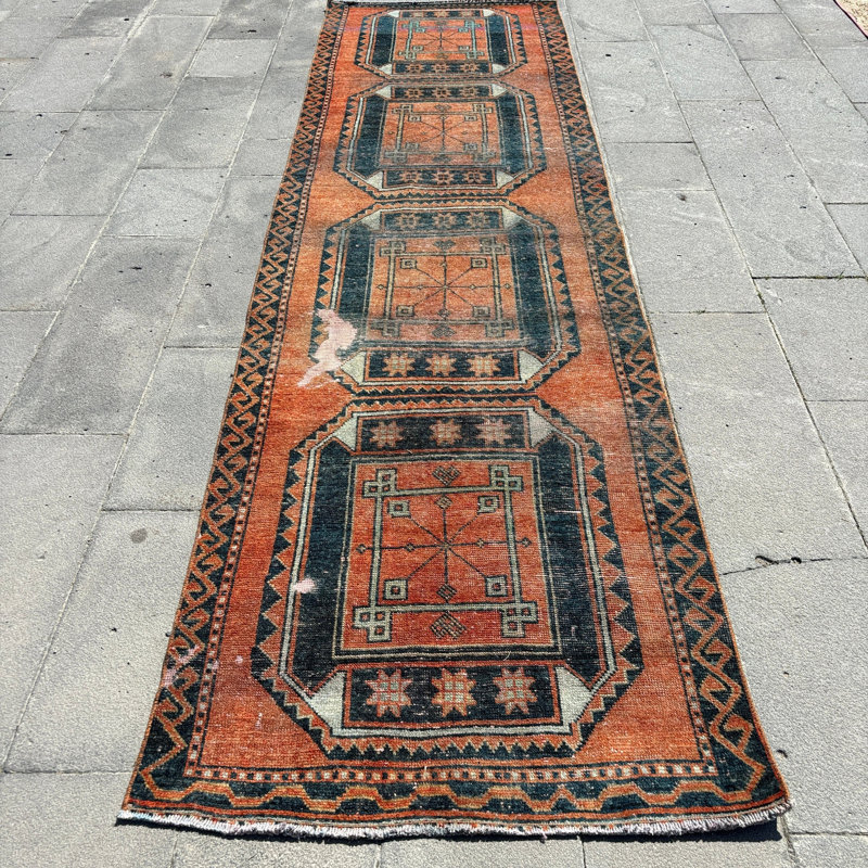 Tapis de couloir vintage turc Oushak en bronze - idéal pour les escaliers et les couloirs d'Anatolia