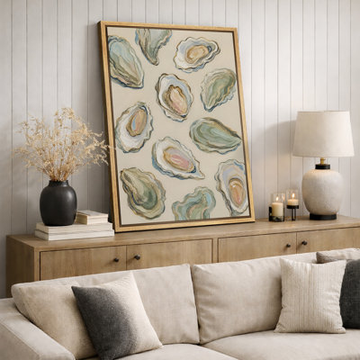 Neutral Coastal Oyster Shell Pattern Artwork, Kitchen Pictures, Framed Canvas Giclee Print Wall Art