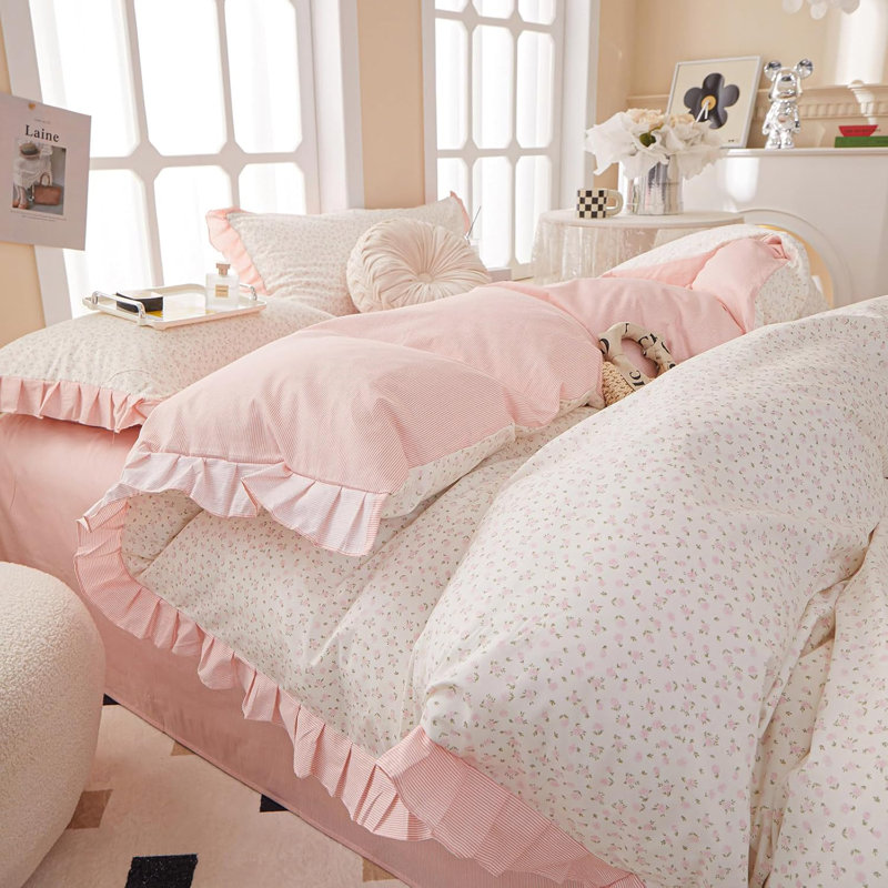 Pure Cotton Vintage Floral Duvet Cover Set, Twin Duvet Cover + 2 Standard Pillowcases, Pink Floral