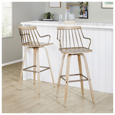 Tabouret de bar à hauteur fixe avec pivot en bois blanchi et métal cuivre antique avec repose-pieds carré en métal cuivre antique