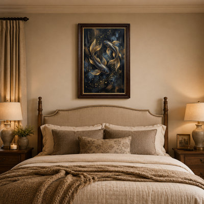 Glowing Gold Outline Koi Fish on Dark Background Canvas Wall Art